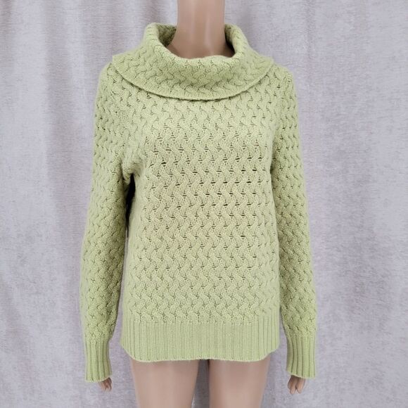 Harold's Cashmere Wasabi Spring Green Cable Knit Pointelle Cowl Neck Sweater - Picture 1 of 11